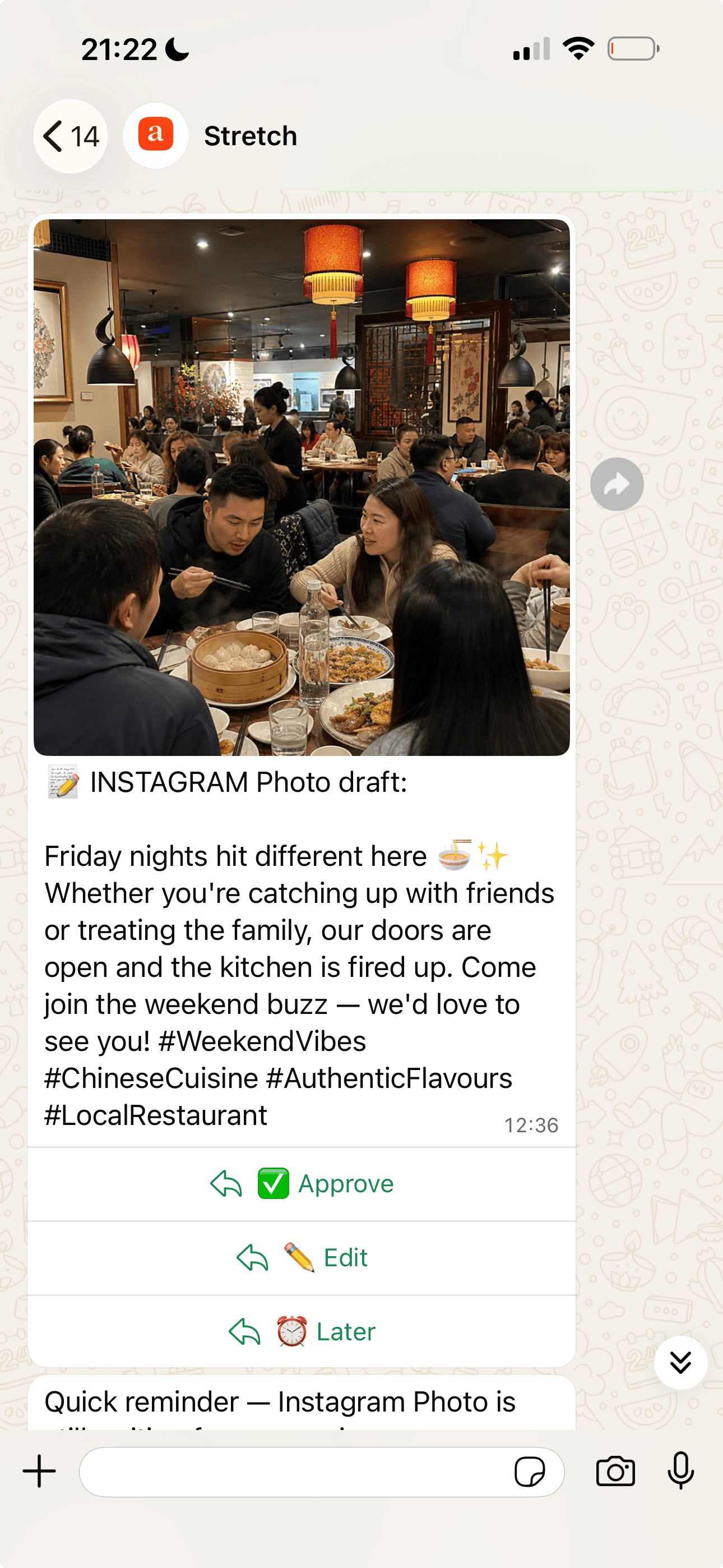 Agentsy on WhatsApp. Instagram photo draft with Approve, Edit and Later buttons